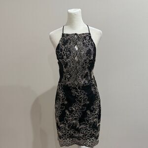 She + Sky Elegant Black Lace Halter Dress Midi Size Medium